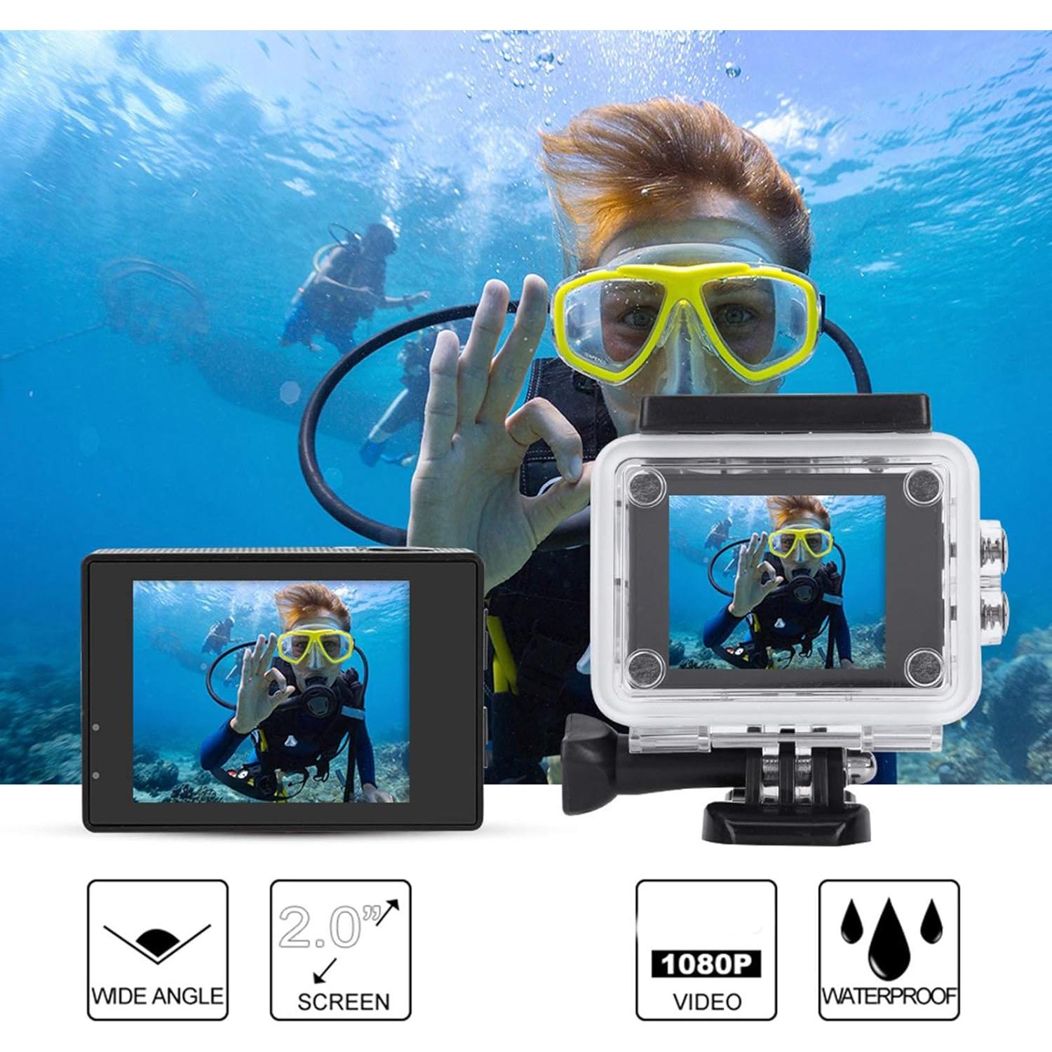 Cámara de acción ASHATA 1080P HD 30m sumergible negra