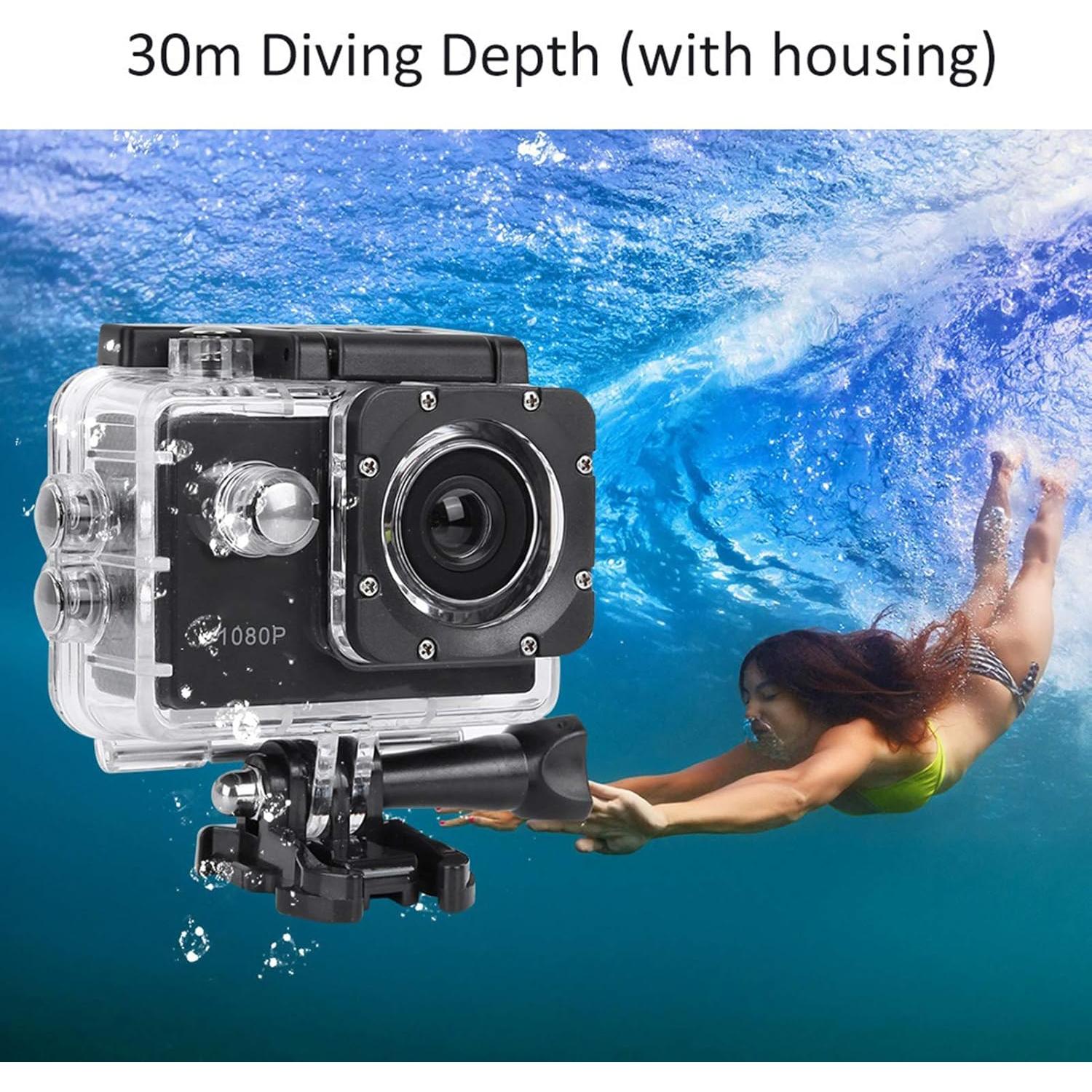 Cámara de acción ASHATA 1080P HD 30m sumergible negra