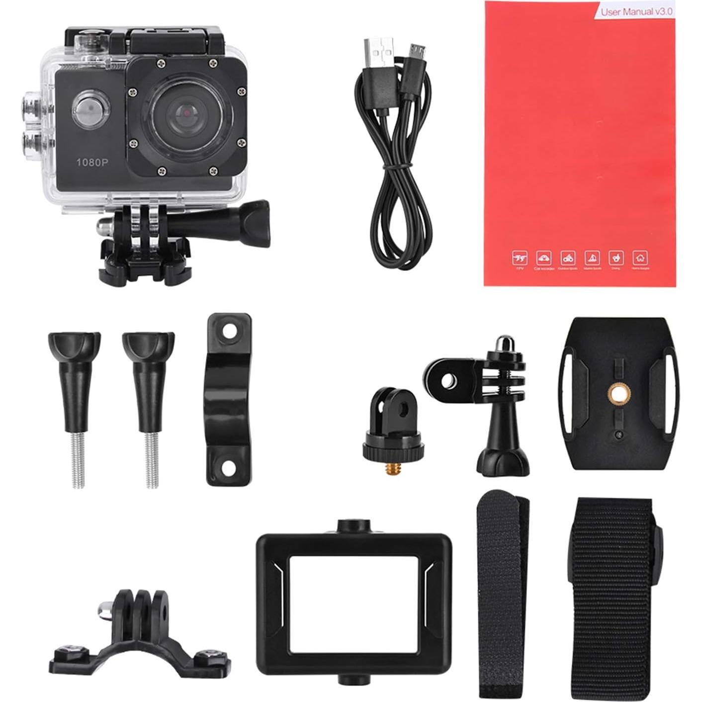 Cámara de acción ASHATA 1080P HD 30m sumergible negra