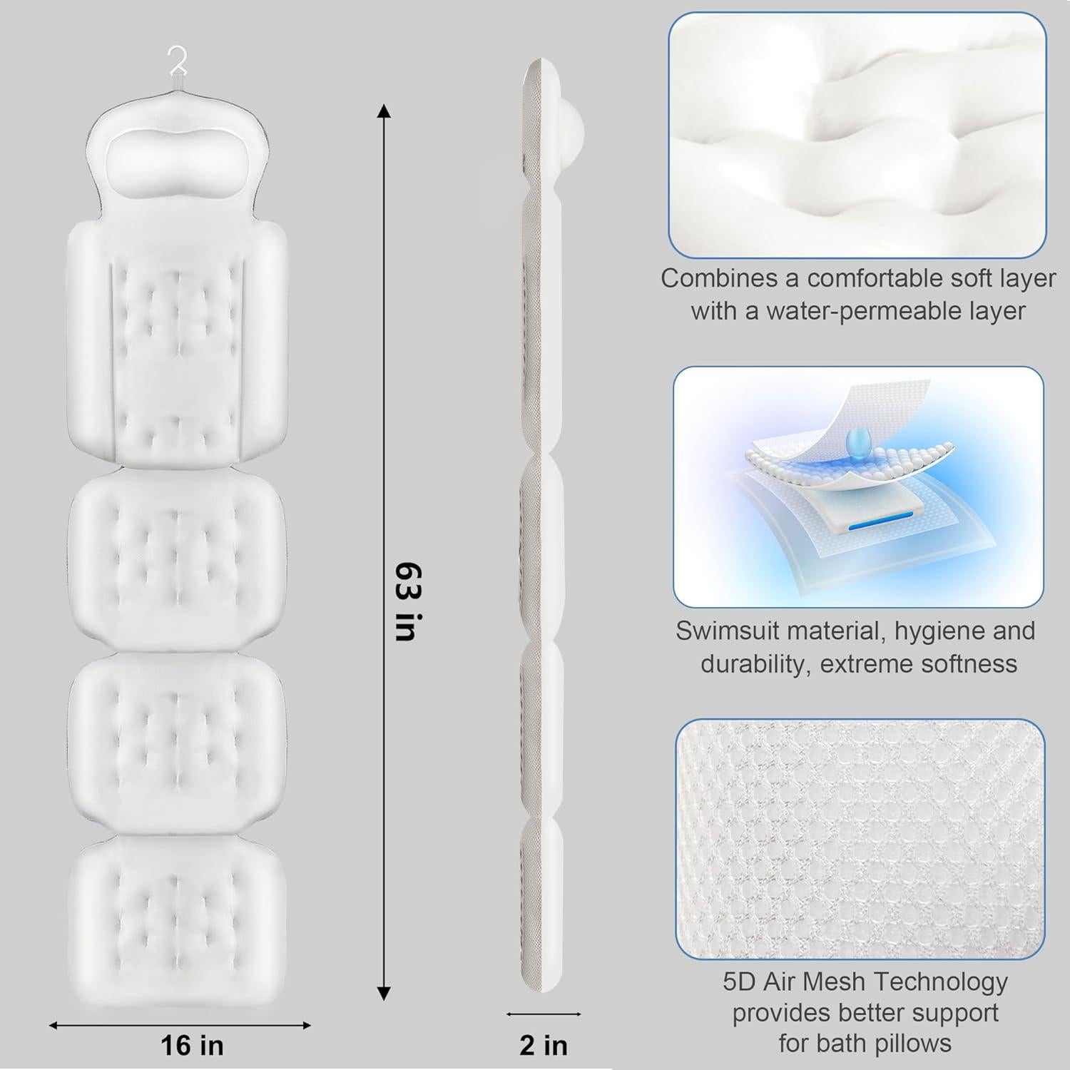 Almohada de Baño Naposeuo Cuerpo Completo 160x40.6cm Blanca