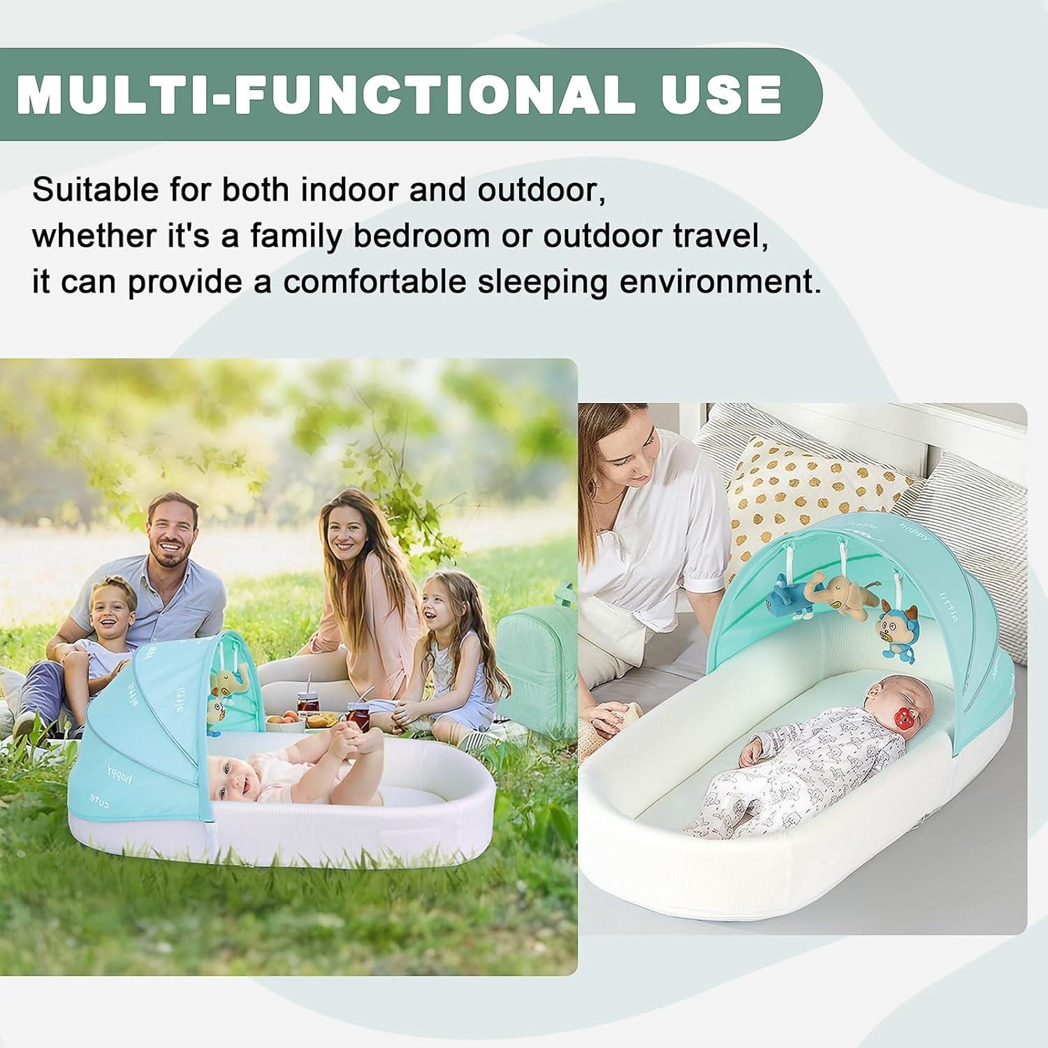 Cuna portátil XL para bebés - Lounger Verde con toldo y red