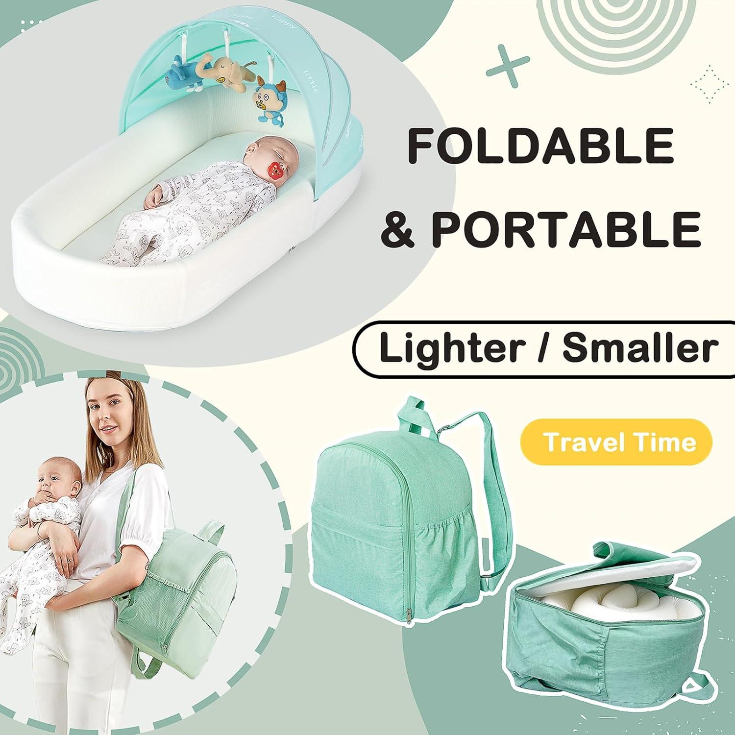 Cuna portátil XL para bebés - Lounger Verde con toldo y red