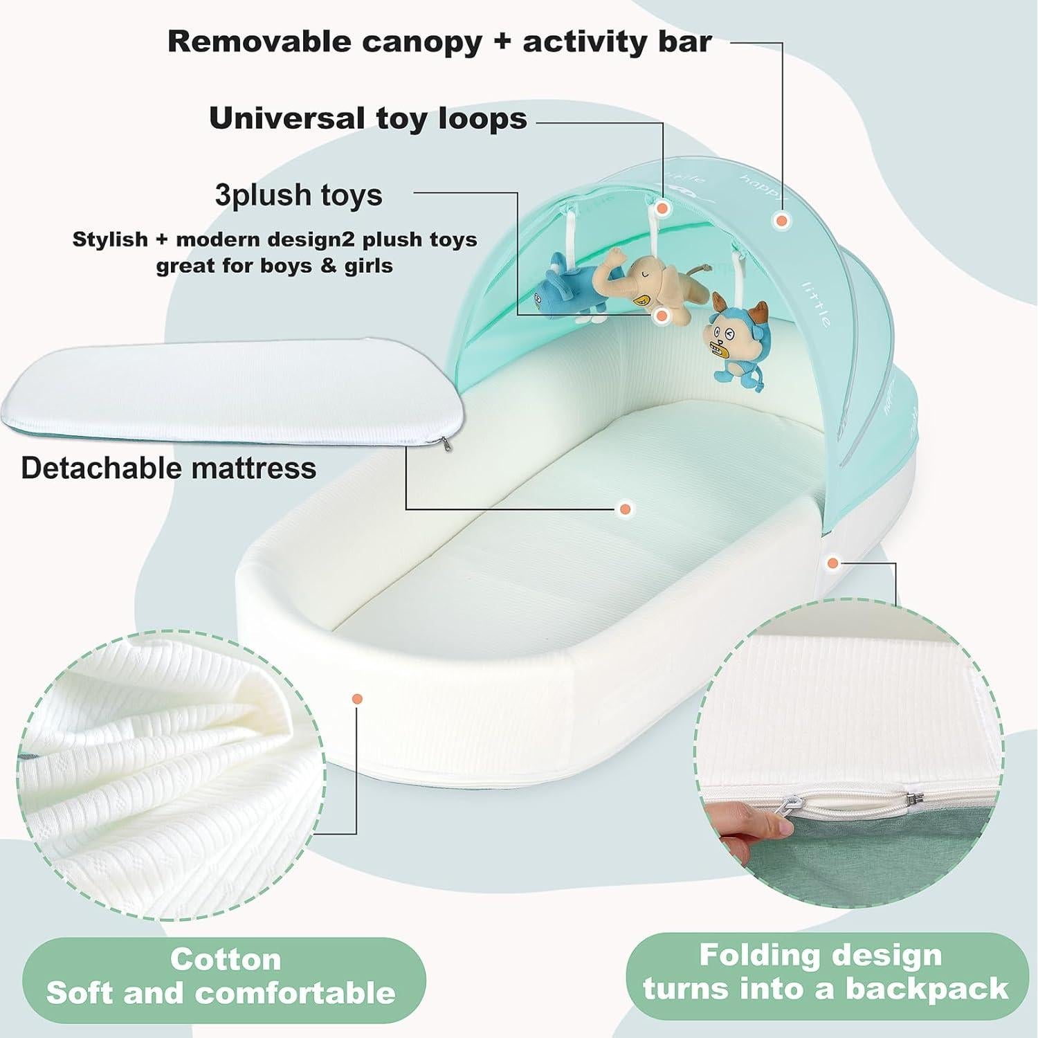 Cuna portátil XL para bebés - Lounger Verde con toldo y red