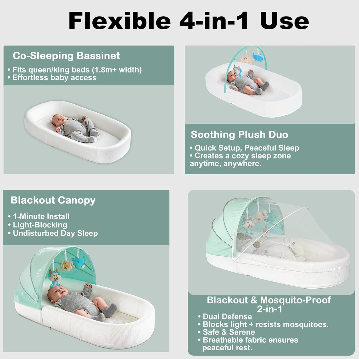 Cuna portátil XL para bebés - Lounger Verde con toldo y red