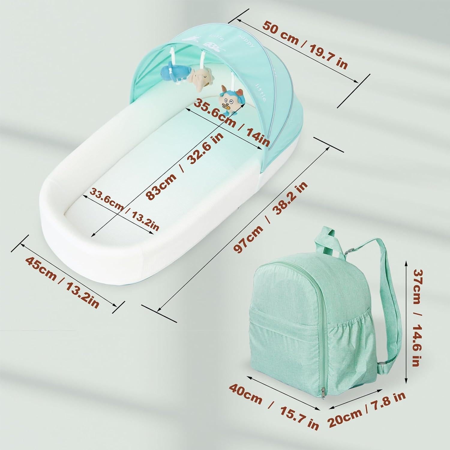 Cuna portátil XL para bebés - Lounger Verde con toldo y red