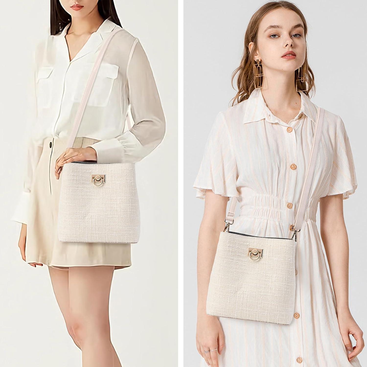 Bolso Cruzado KALIDI de Cuero Vegano Beige para Mujeres 23x10x23cm