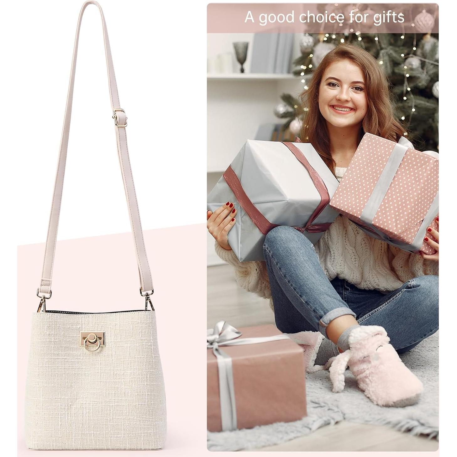 Bolso Cruzado KALIDI de Cuero Vegano Beige para Mujeres 23x10x23cm