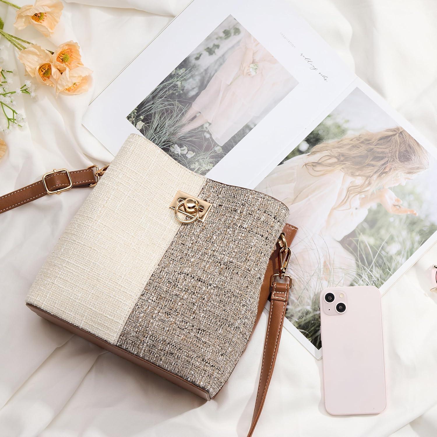 Bolso Cruzado KALIDI de Cuero Vegano Beige para Mujeres 23x10x23cm