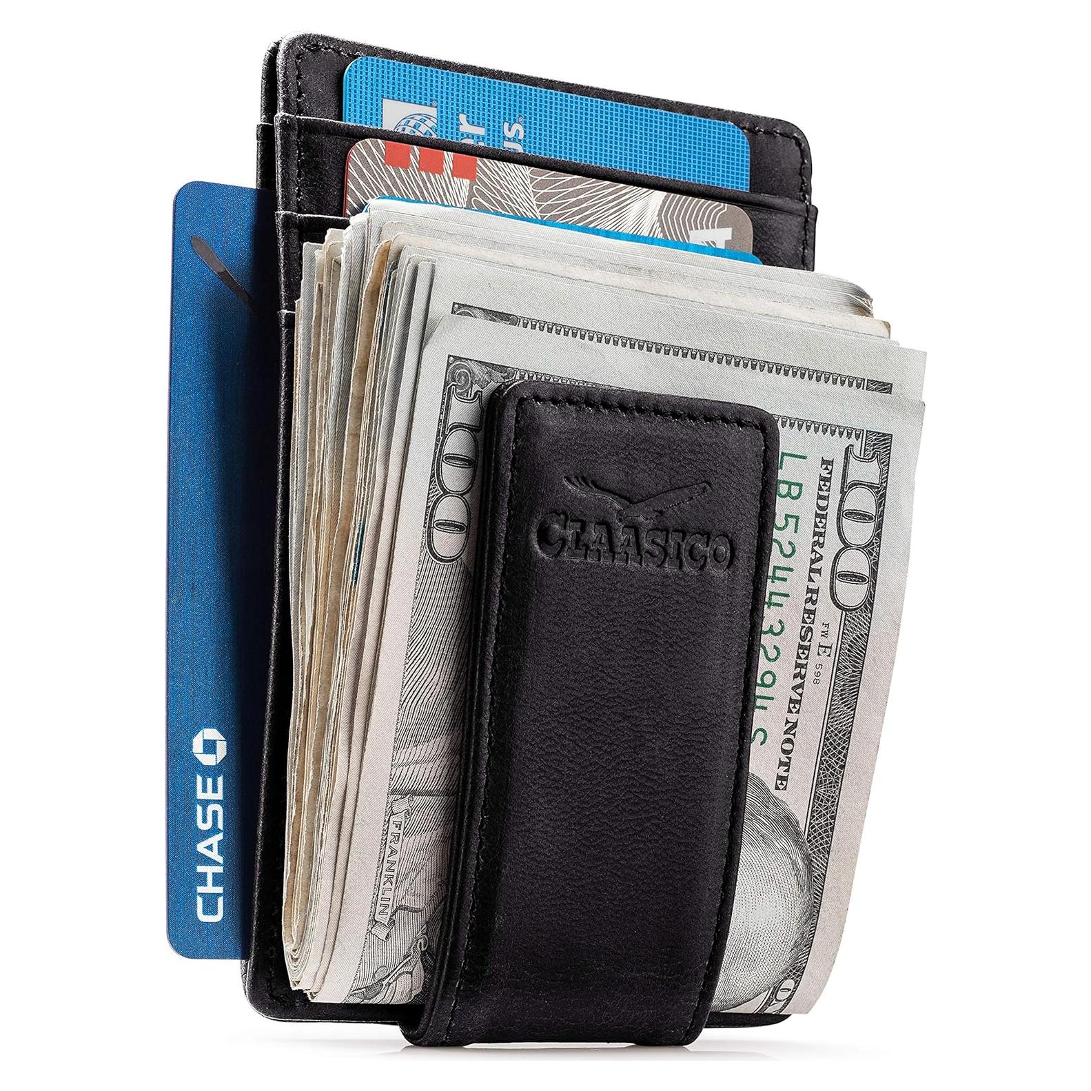 Cartera de Cuero para Hombre con Clip Magnético y RFID - Negro