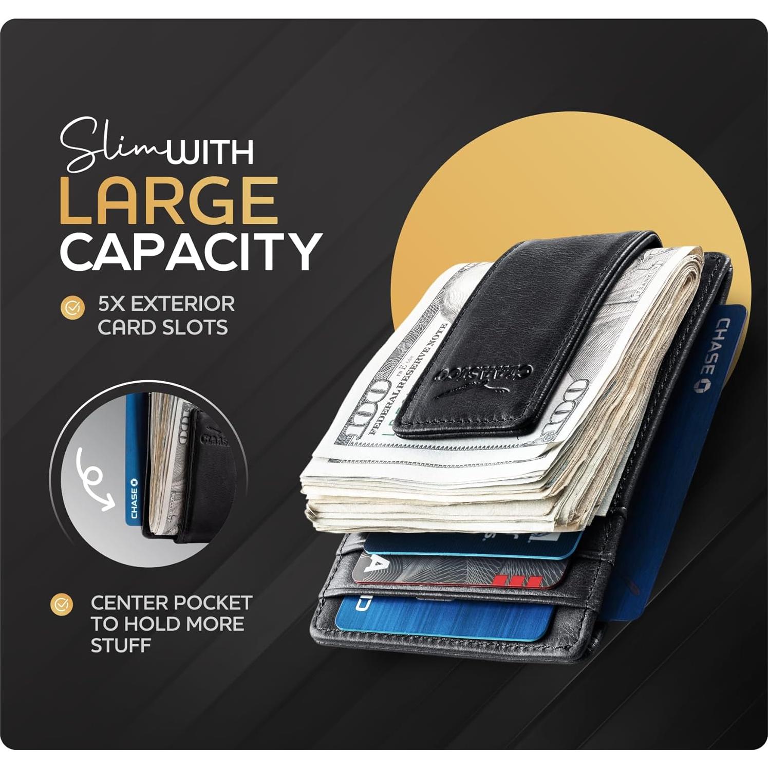 Cartera de Cuero para Hombre con Clip Magnético y RFID - Negro