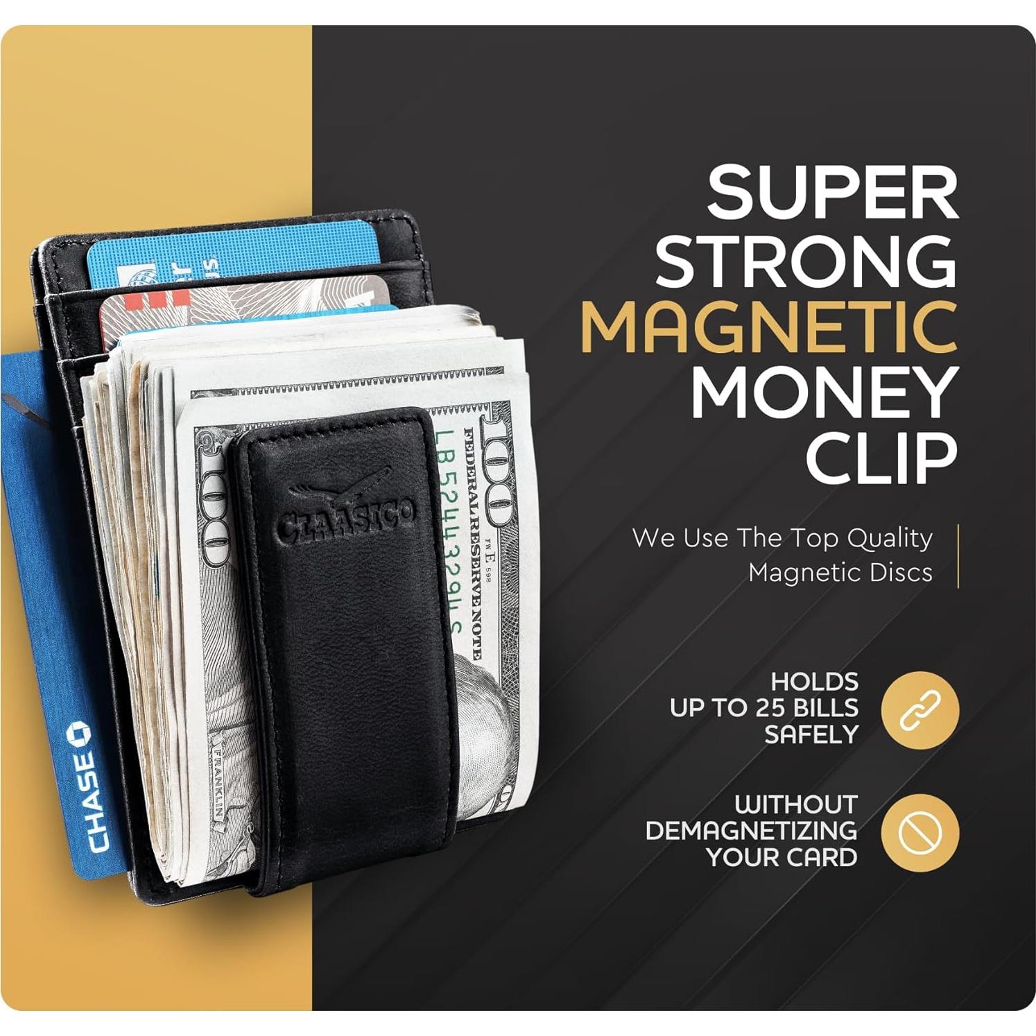 Cartera de Cuero para Hombre con Clip Magnético y RFID - Negro