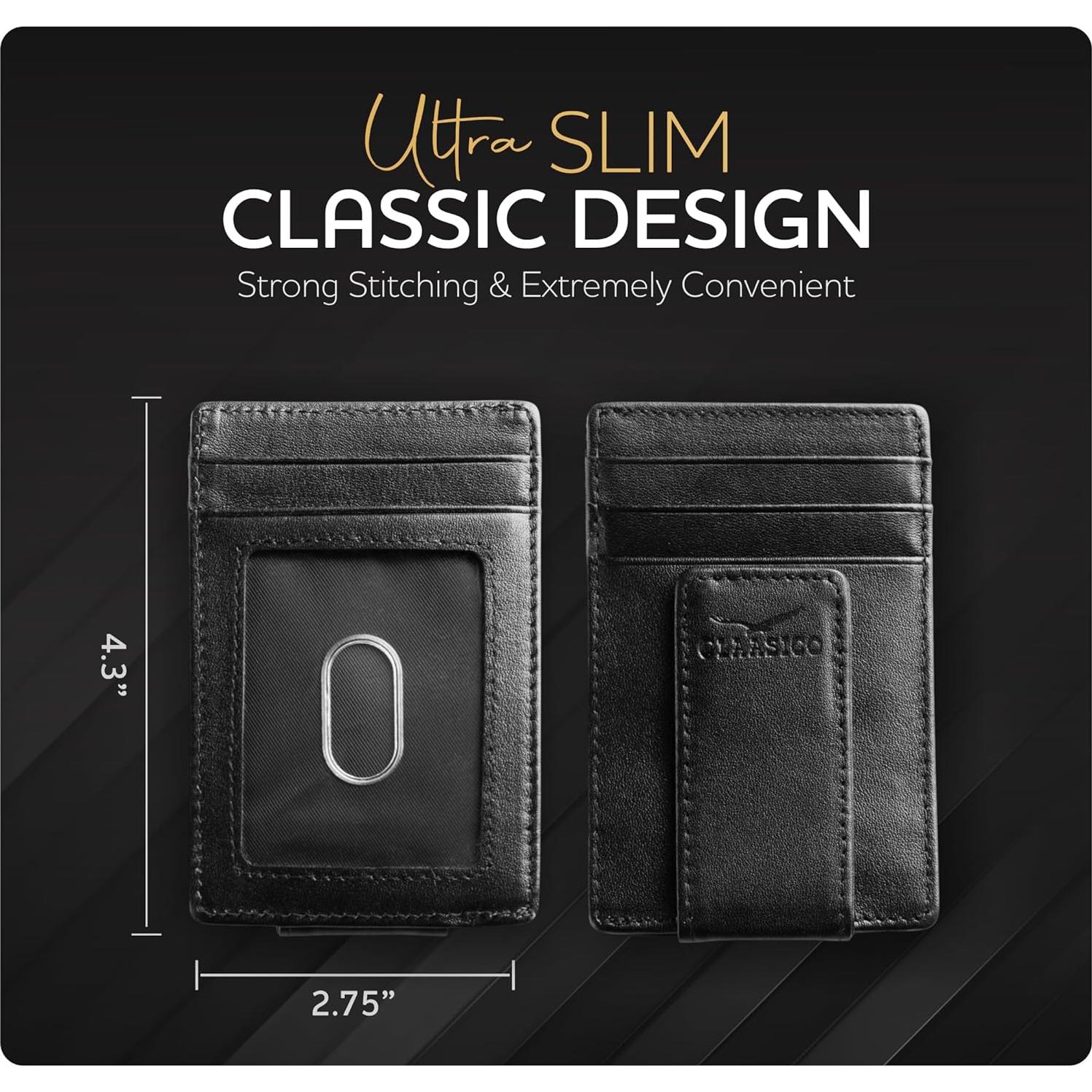 Cartera de Cuero para Hombre con Clip Magnético y RFID - Negro