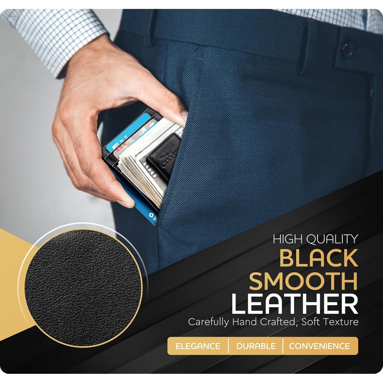 Cartera de Cuero para Hombre con Clip Magnético y RFID - Negro