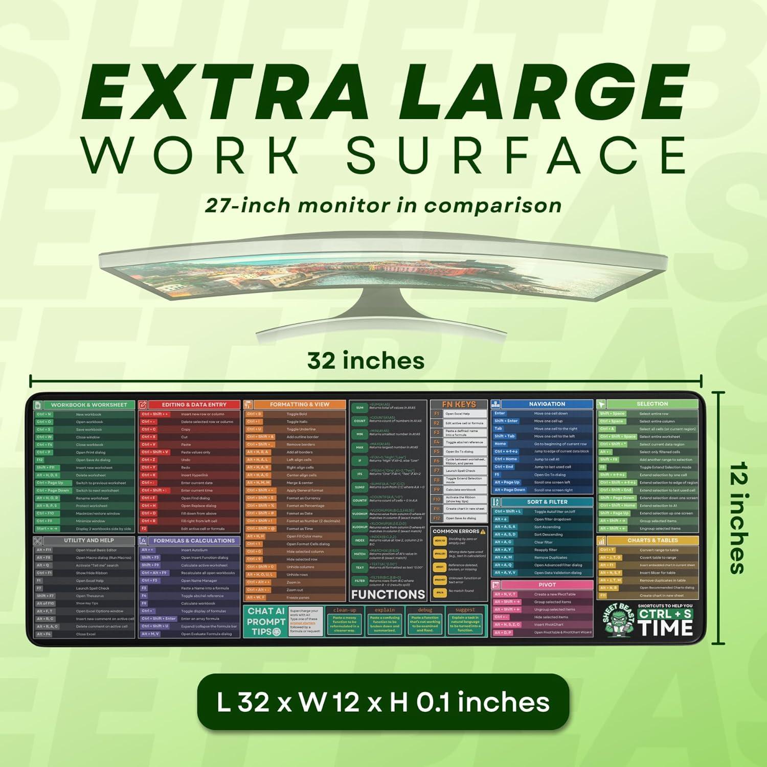 Alfombrilla de Escritorio XL Renaco con Atajos de Excel 81x30cm