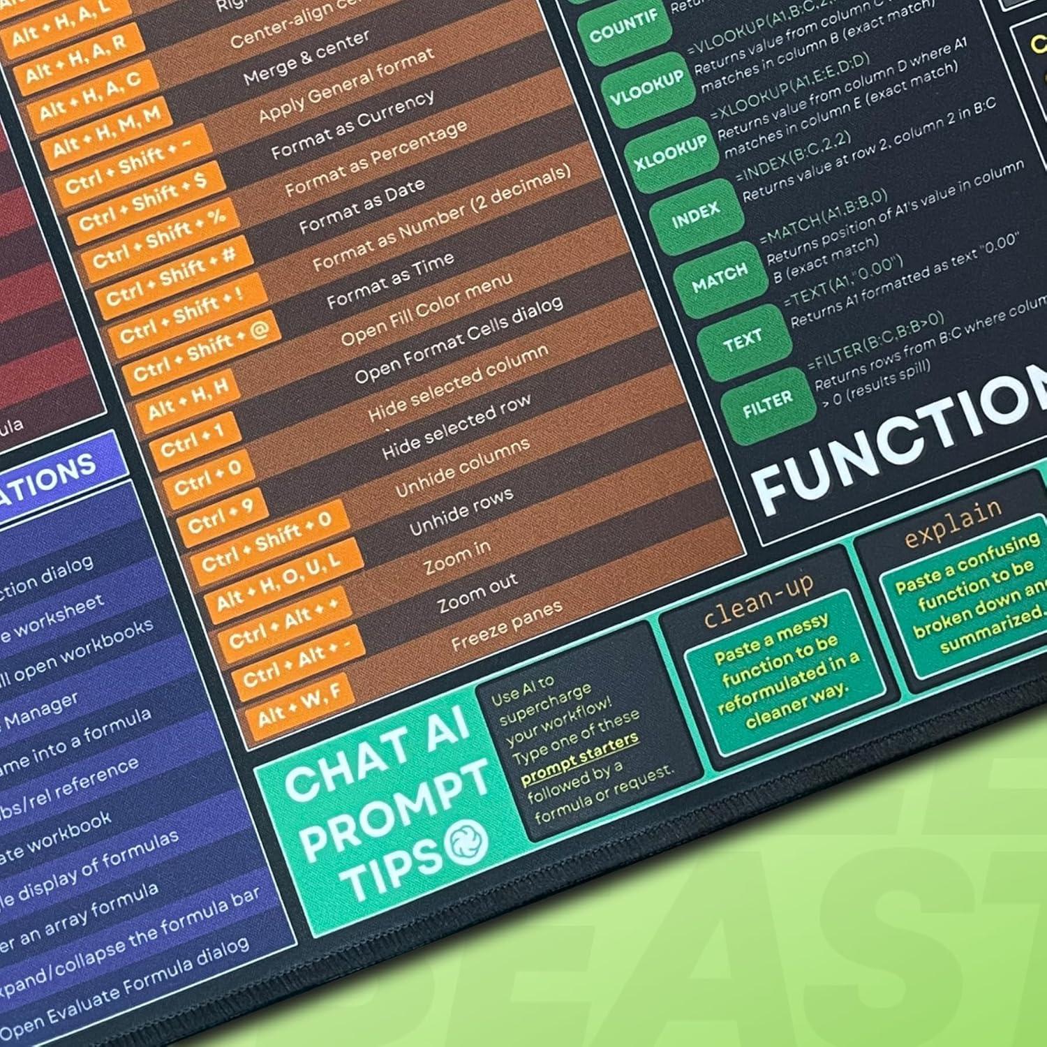 Alfombrilla de Escritorio XL Renaco con Atajos de Excel 81x30cm