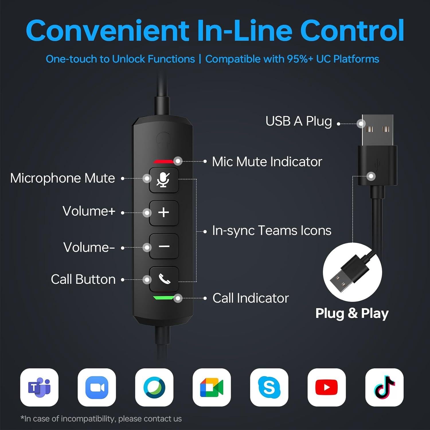 Auricular con cable Blucalm UCH30 USB con micrófono y cancelación de ruido