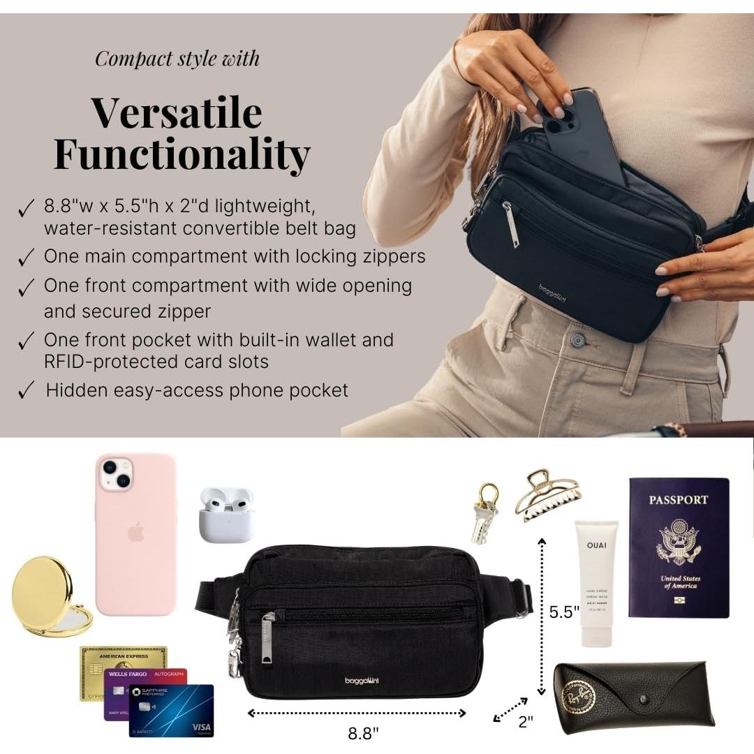 Riñonera Antirrobo Baggallini Securtex Mujer RFID Negra