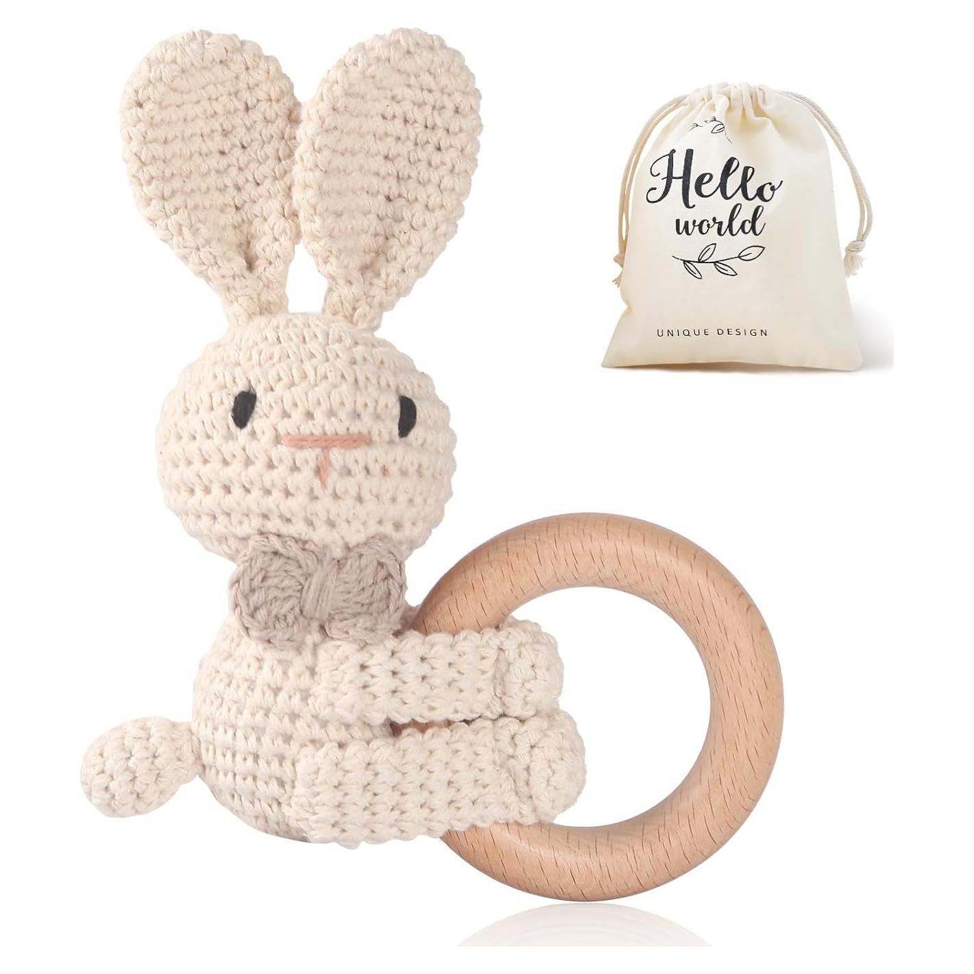 Mordedor de Madera Conejito Beige - Juguete de Ganchillo para Bebés