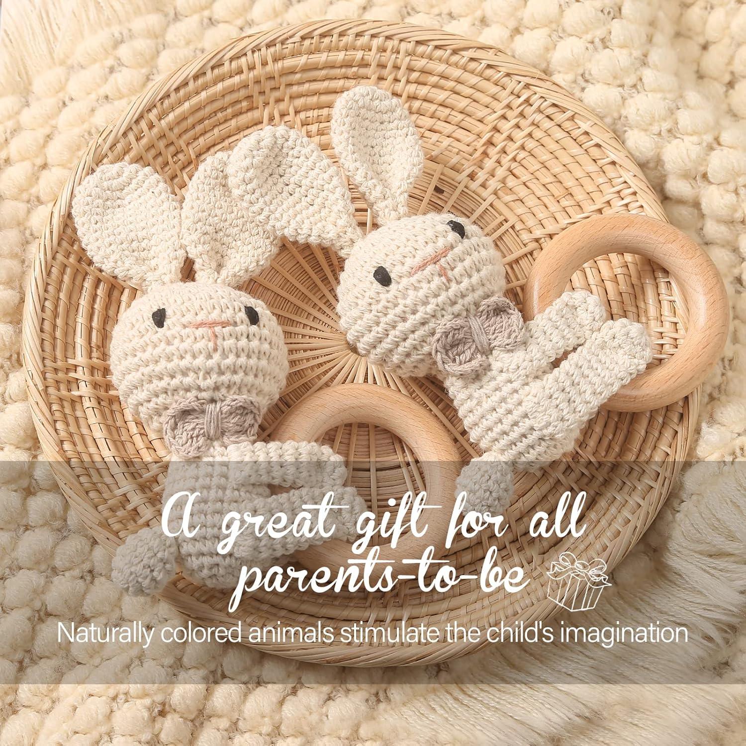 Mordedor de Madera Conejito Beige - Juguete de Ganchillo para Bebés