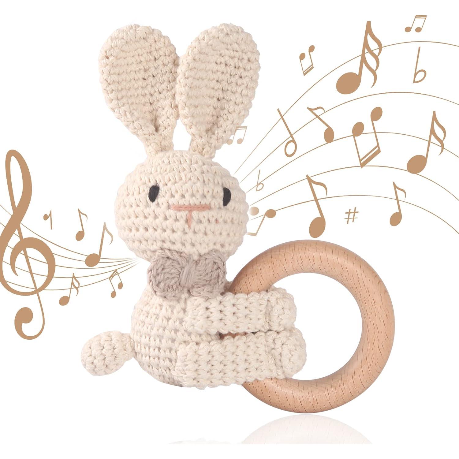 Mordedor de Madera Conejito Beige - Juguete de Ganchillo para Bebés