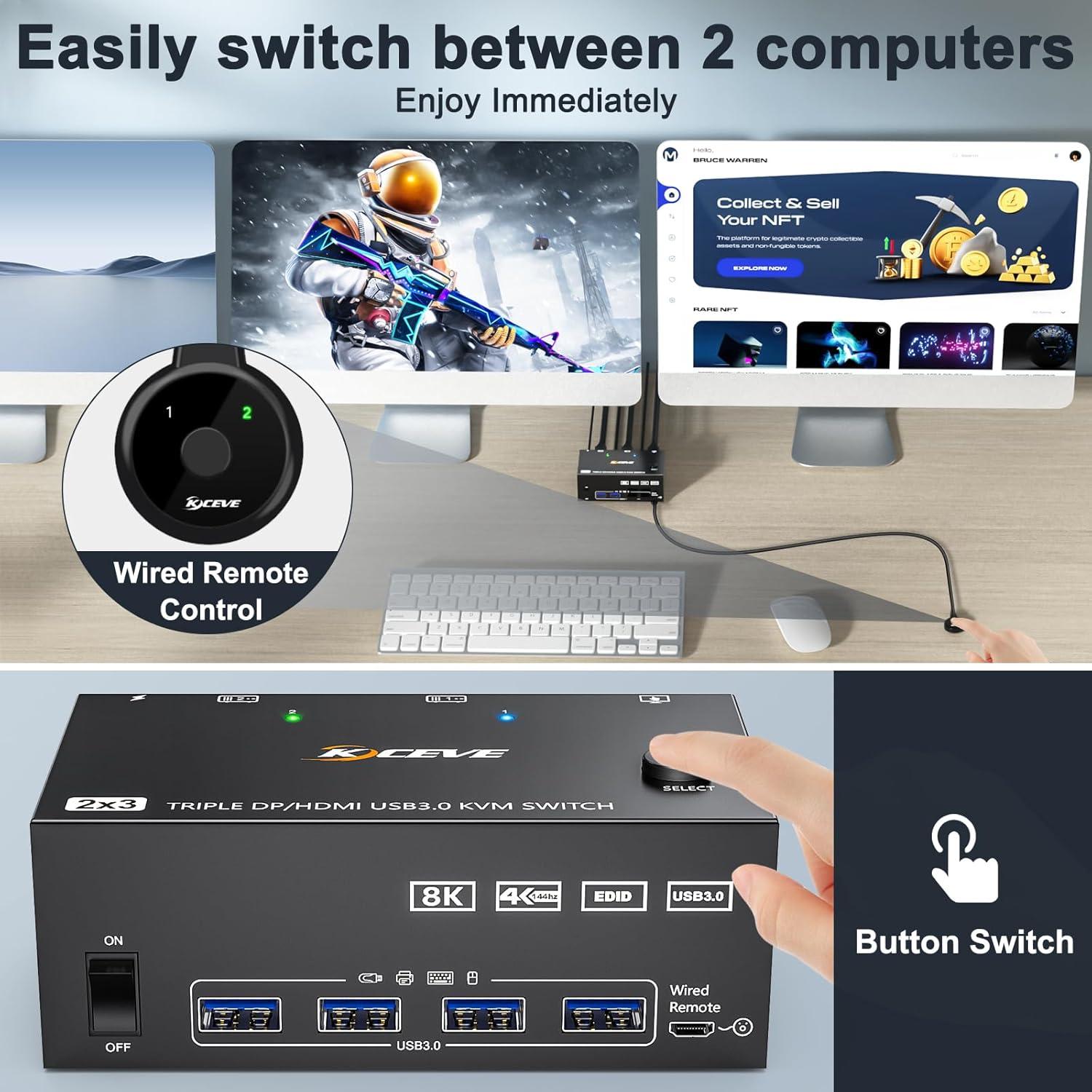 Interruptor KVM Triple Monitor MLEEDA 3 Monitores 2 PC 8K 60Hz