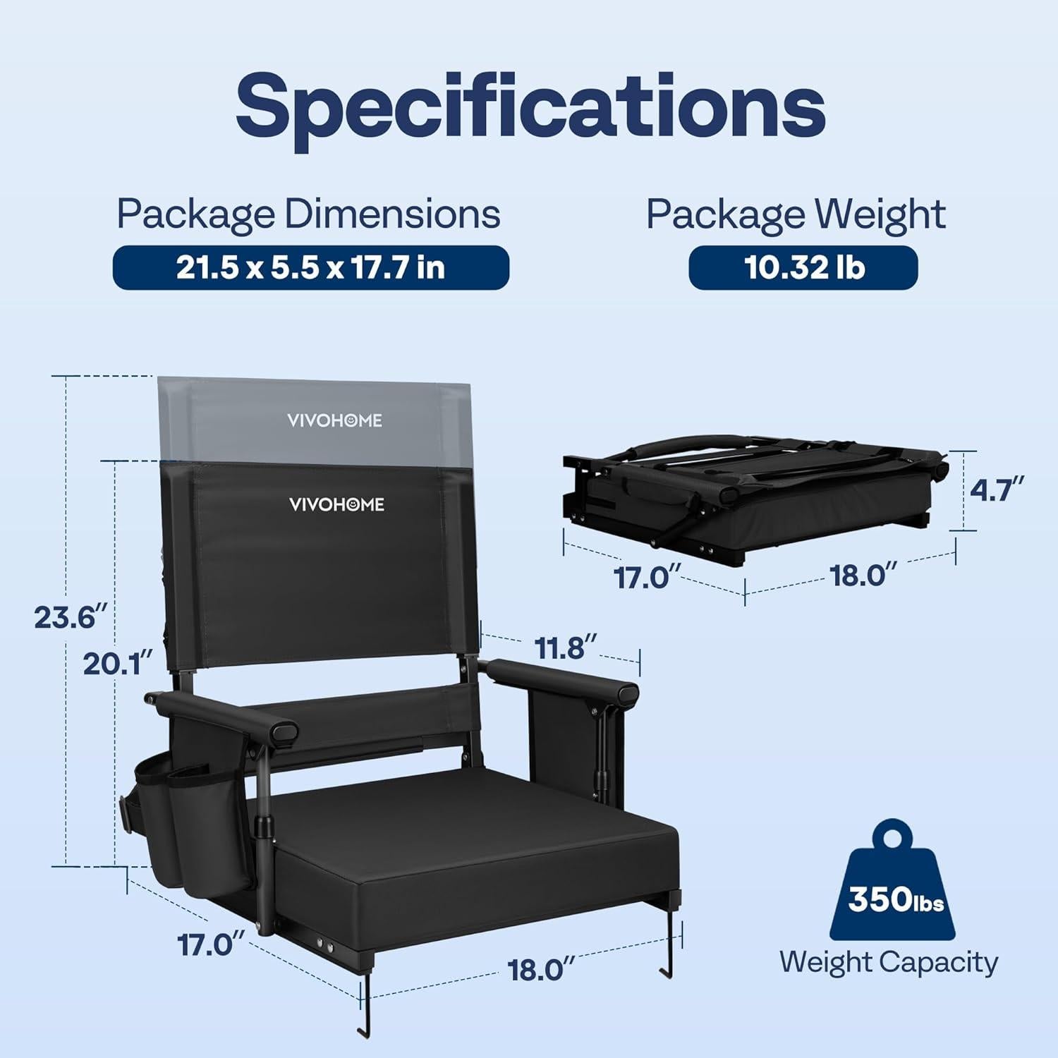 Silla de Estadio VIVOHOME Ajustable con Respaldo y Cojín Negro