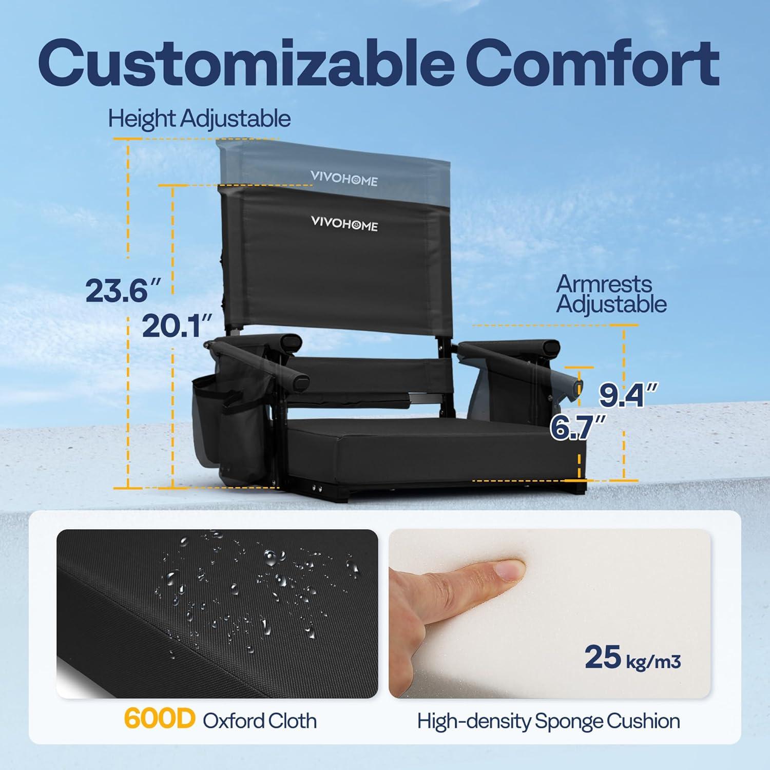 Silla de Estadio VIVOHOME Ajustable con Respaldo y Cojín Negro