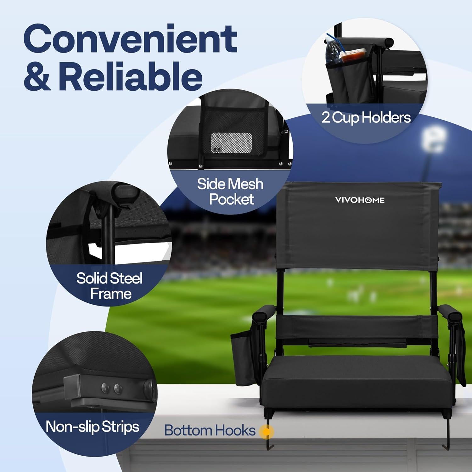 Silla de Estadio VIVOHOME Ajustable con Respaldo y Cojín Negro