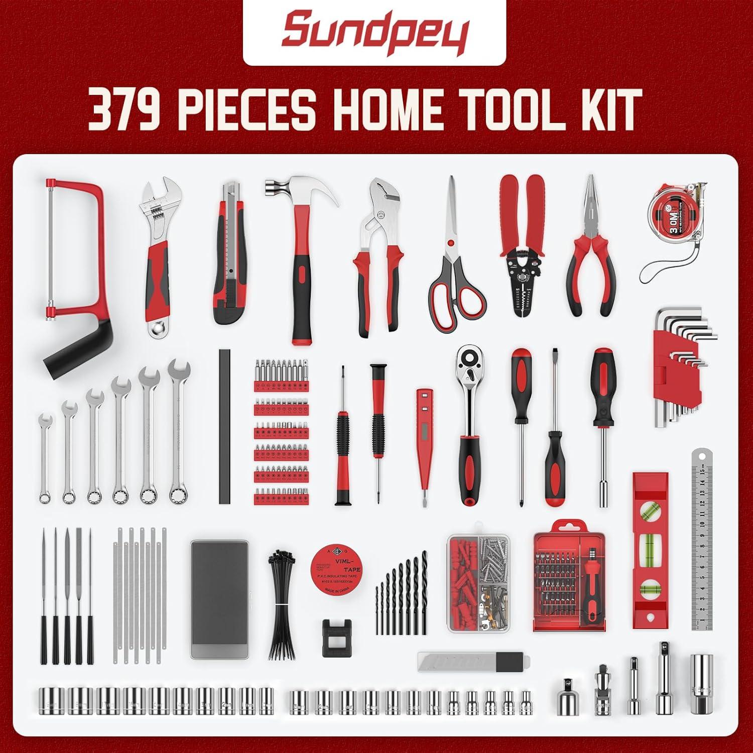 Kit de Herramientas Sundpey 379 Piezas para Hogar y Auto Rojo