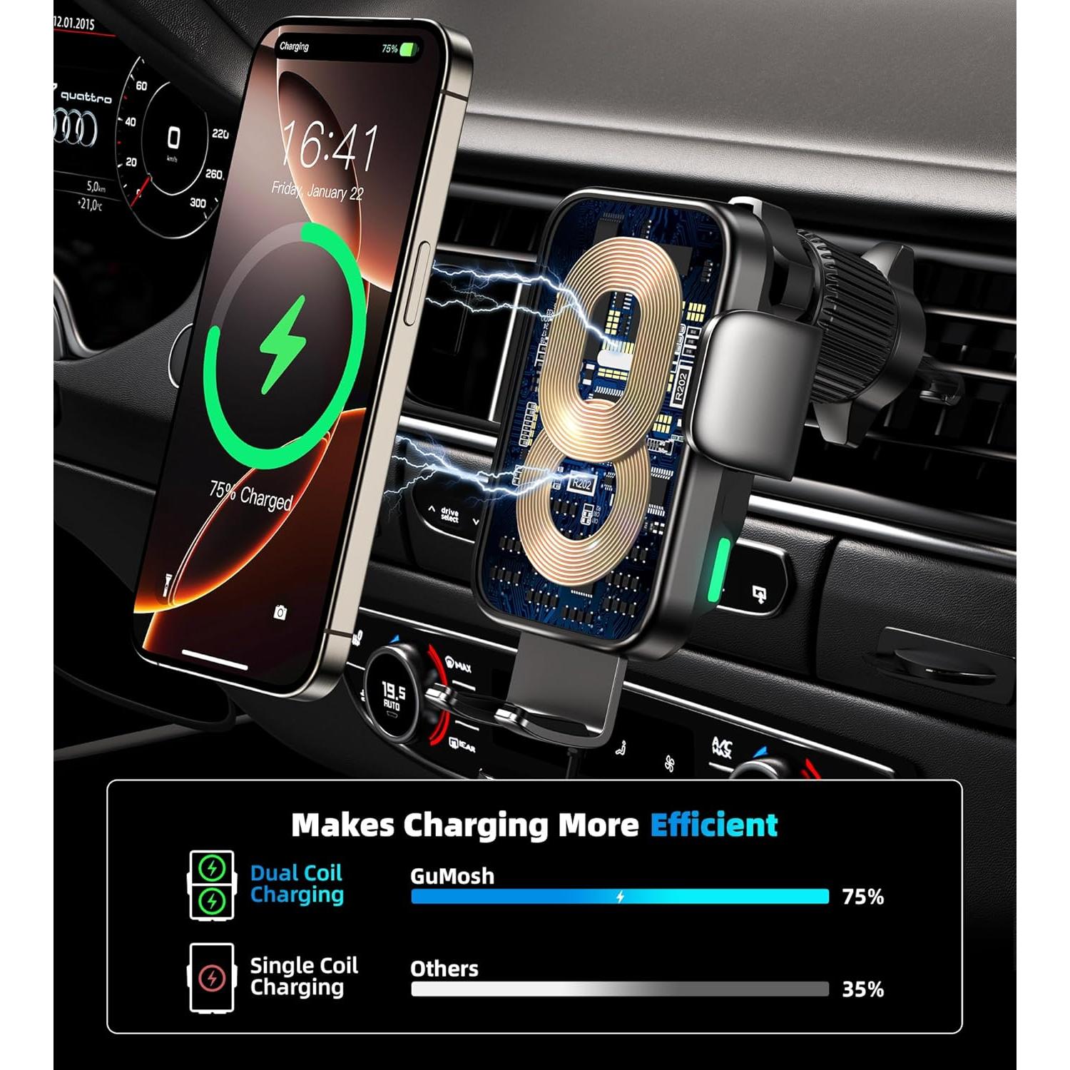 Soporte para teléfono de coche GuMosh con carga inalámbrica 15W