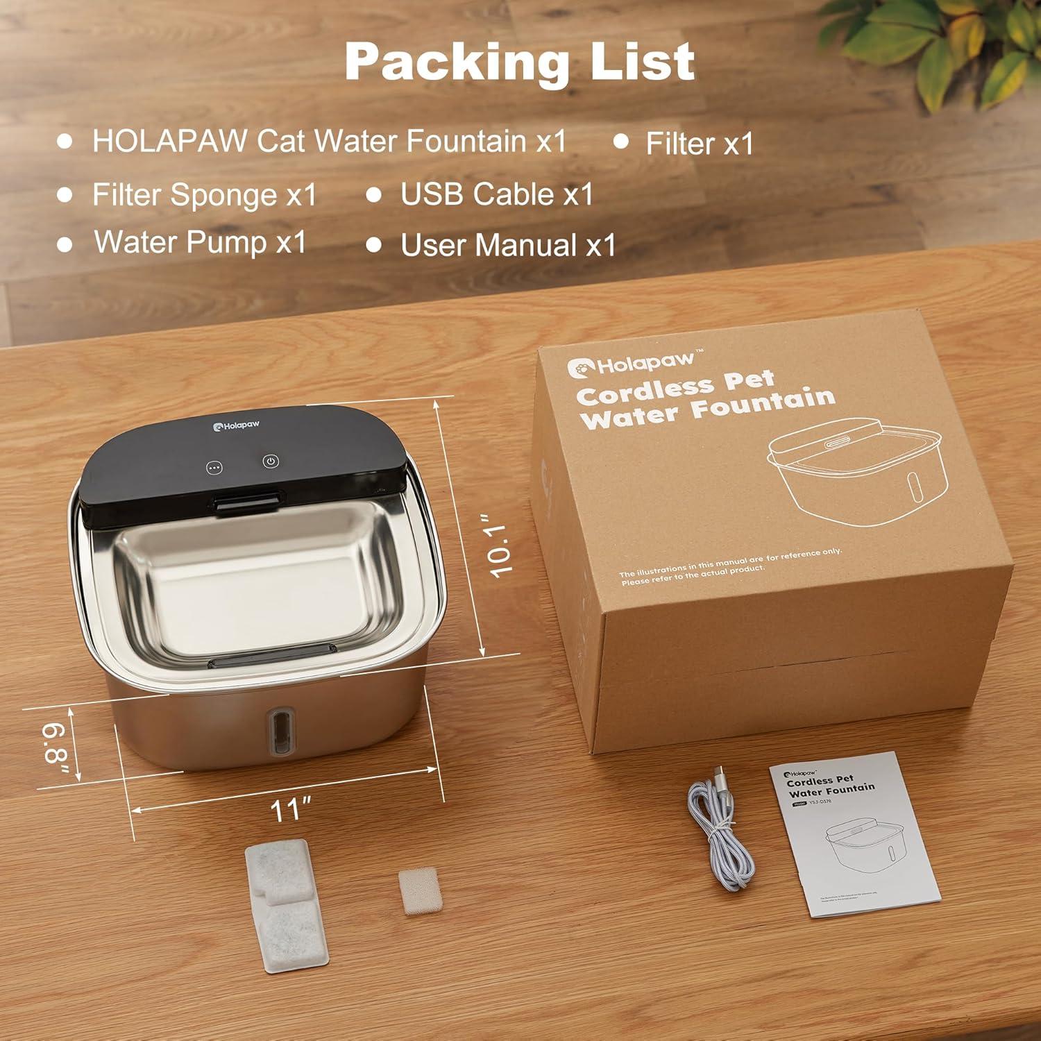 Fuente de Agua Inalámbrica para Gatos Holapaw 3.78L Acero Inoxidable