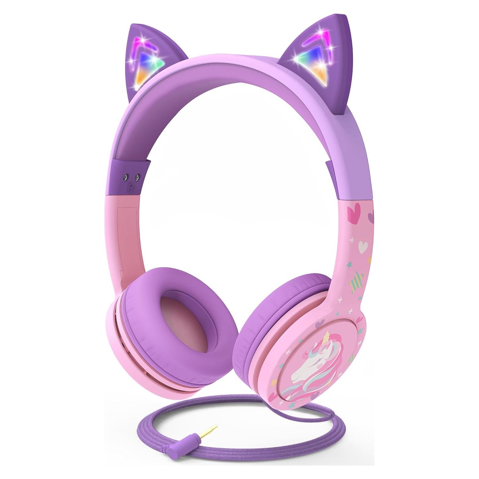 Auriculares FosPower Orejas de Gato LED 85dB Rosa/Lavanda