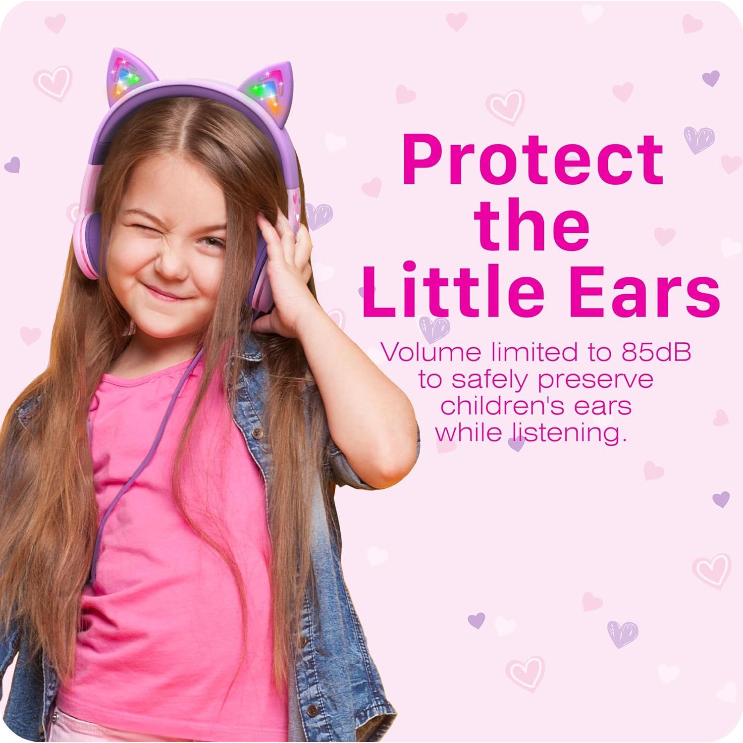 Auriculares FosPower Orejas de Gato LED 85dB Rosa/Lavanda