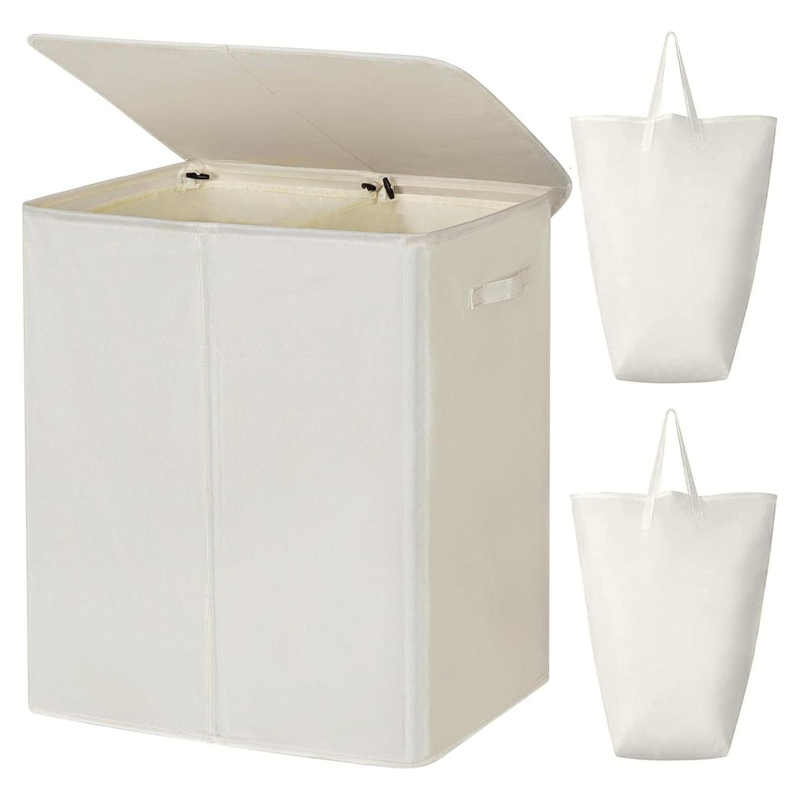 Cesto de Ropa Doble WOWLIVE 140L con Tapa y Bolsas Extraíbles Beige