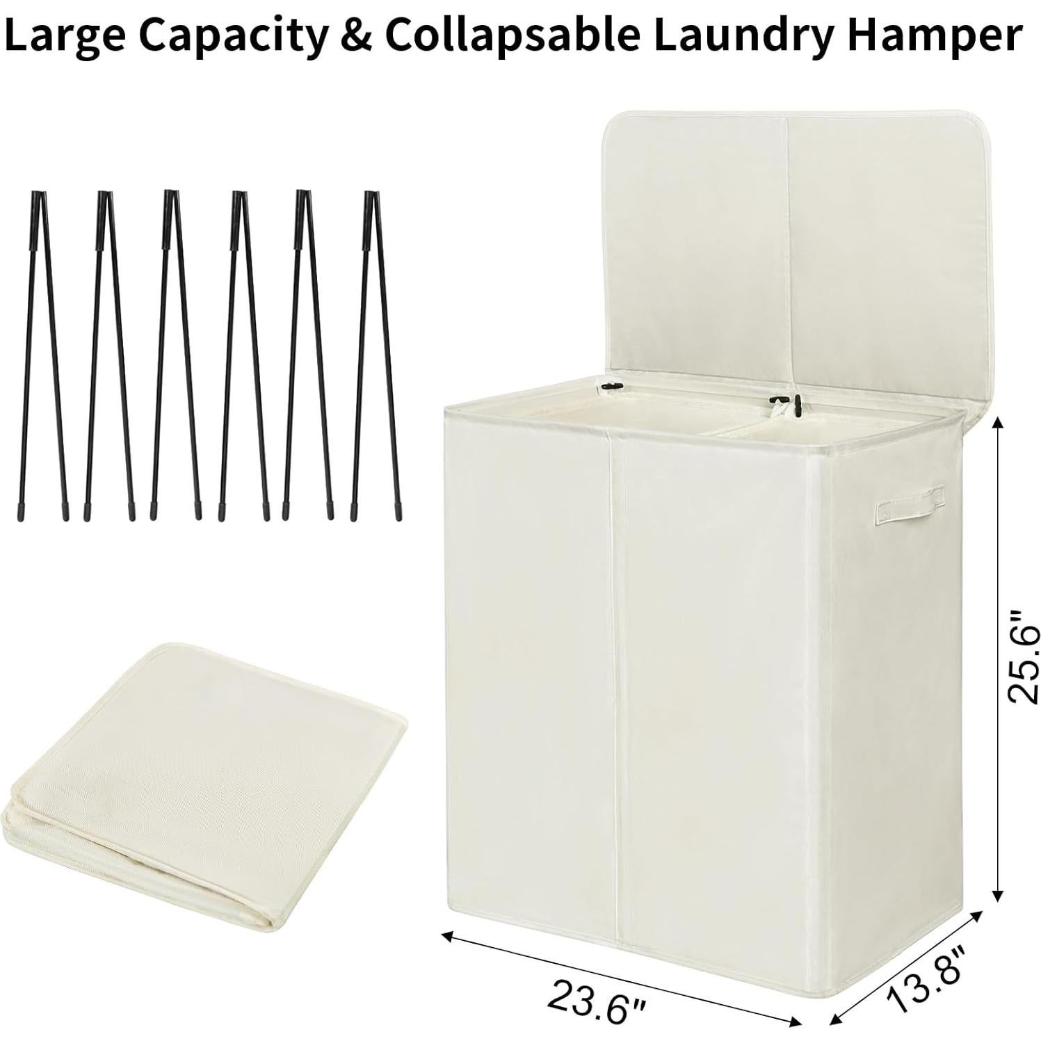 Cesto de Ropa Doble WOWLIVE 140L con Tapa y Bolsas Extraíbles Beige