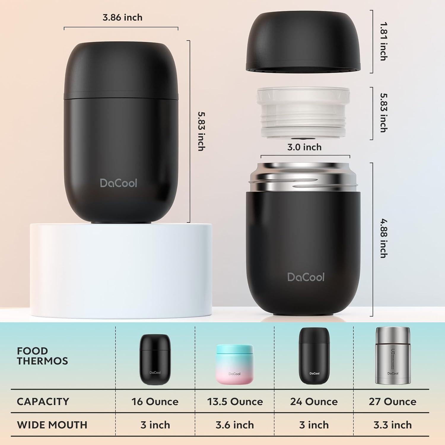 Contenedor de Almuerzo Aislado DaCool 473 ml Acero Inoxidable Negro