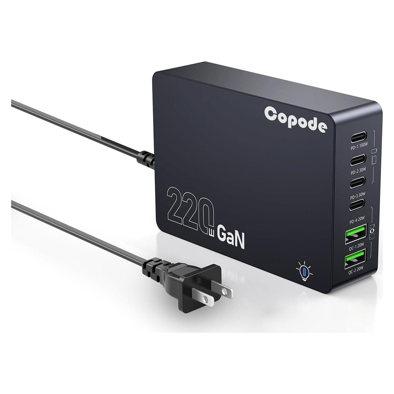 Cargador USB C Copode 220W 6 Puertos Carga Rápida PD 100W
