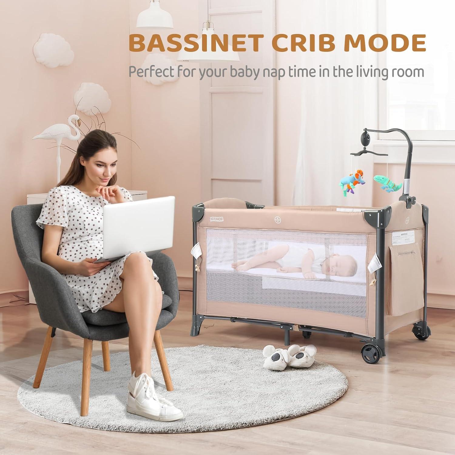 Cuna Lateral JOYMOR 3 en 1 Beige - Cuna, Parque Infantil y Cama de Viaje