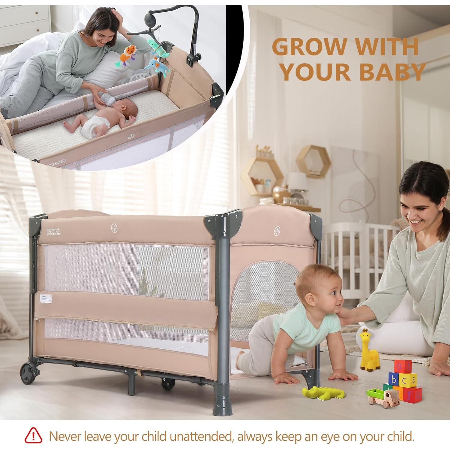 Cuna Lateral JOYMOR 3 en 1 Beige - Cuna, Parque Infantil y Cama de Viaje