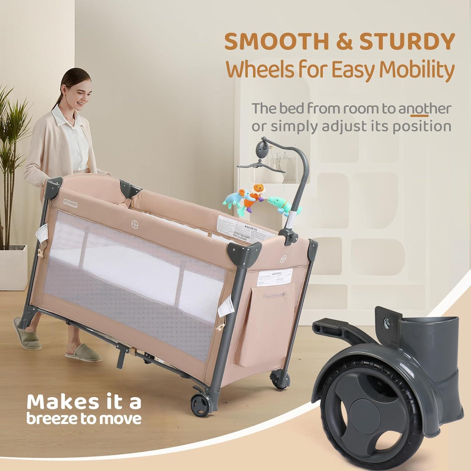 Cuna Lateral JOYMOR 3 en 1 Beige - Cuna, Parque Infantil y Cama de Viaje