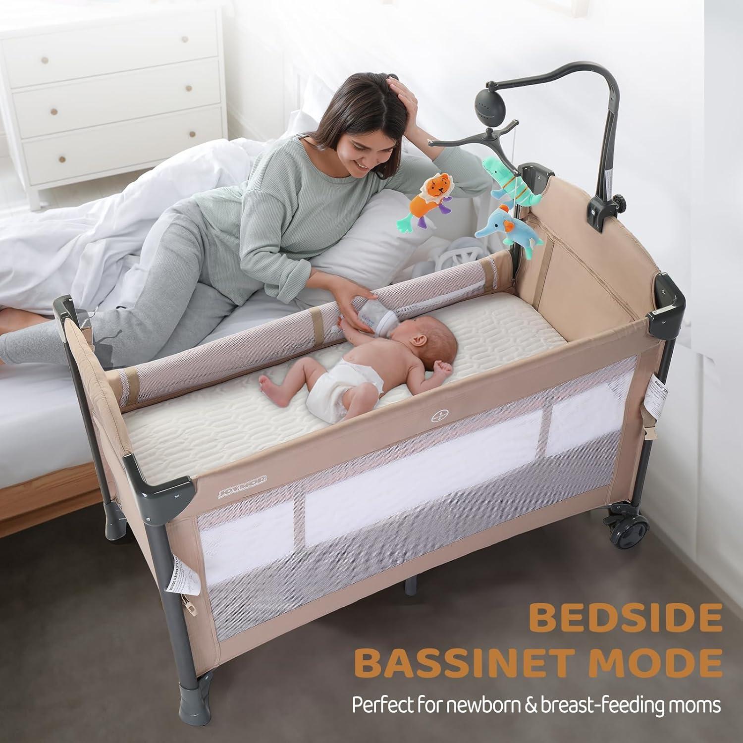 Cuna Lateral JOYMOR 3 en 1 Beige - Cuna, Parque Infantil y Cama de Viaje