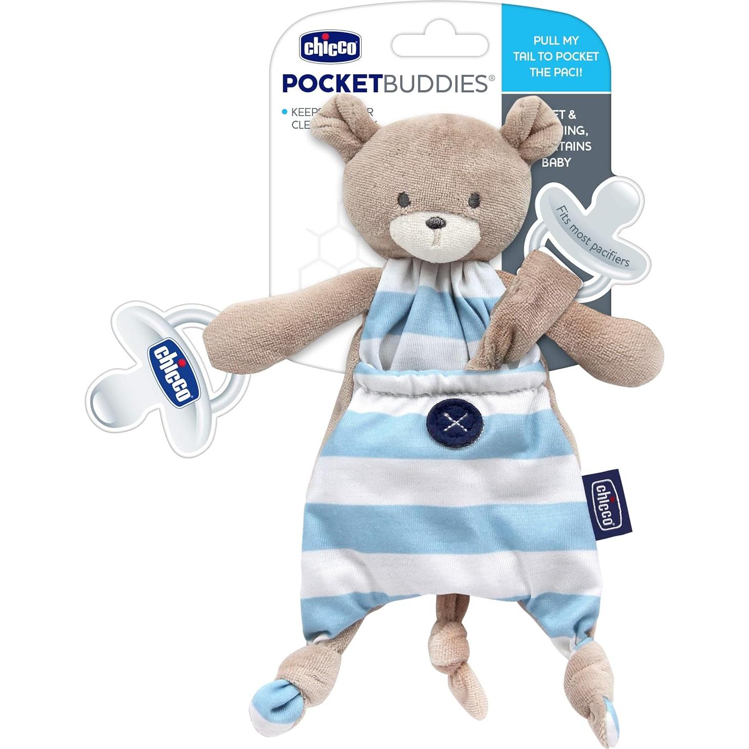 Chicco Pocket Buddies Oso Azul Suave Sujetador de Chupete