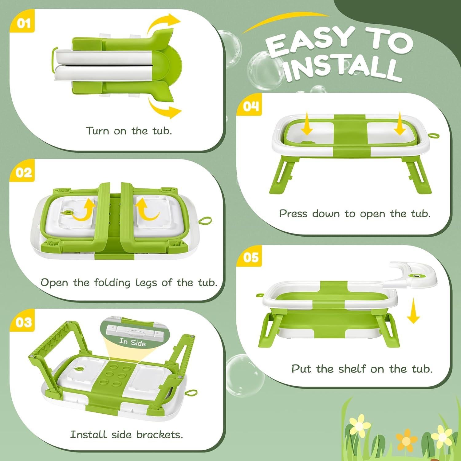 Bañera Plegable para Bebés QueenFul Verde con Termómetro