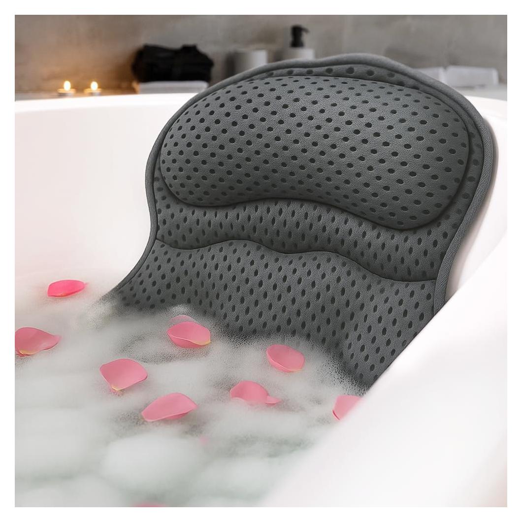Almohada de Baño RYNEX Gris con Soporte Ergonómico y Ventosas