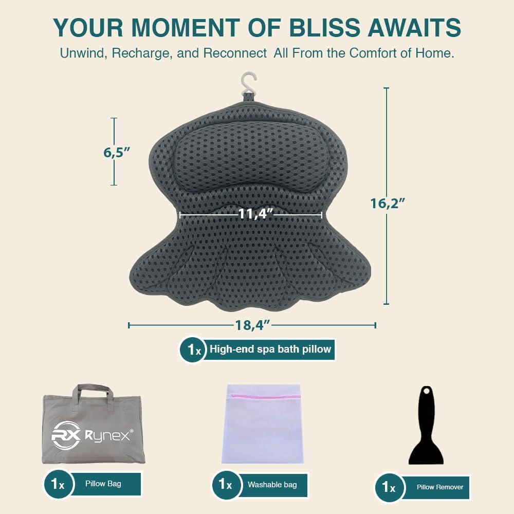 Almohada de Baño RYNEX Gris con Soporte Ergonómico y Ventosas