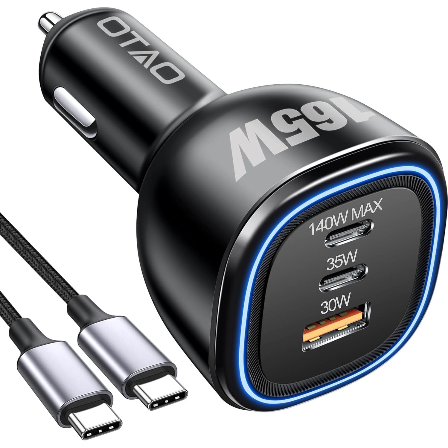 Cargador de Coche USB C 165W GaN PD3.1 con Cable Tipo C