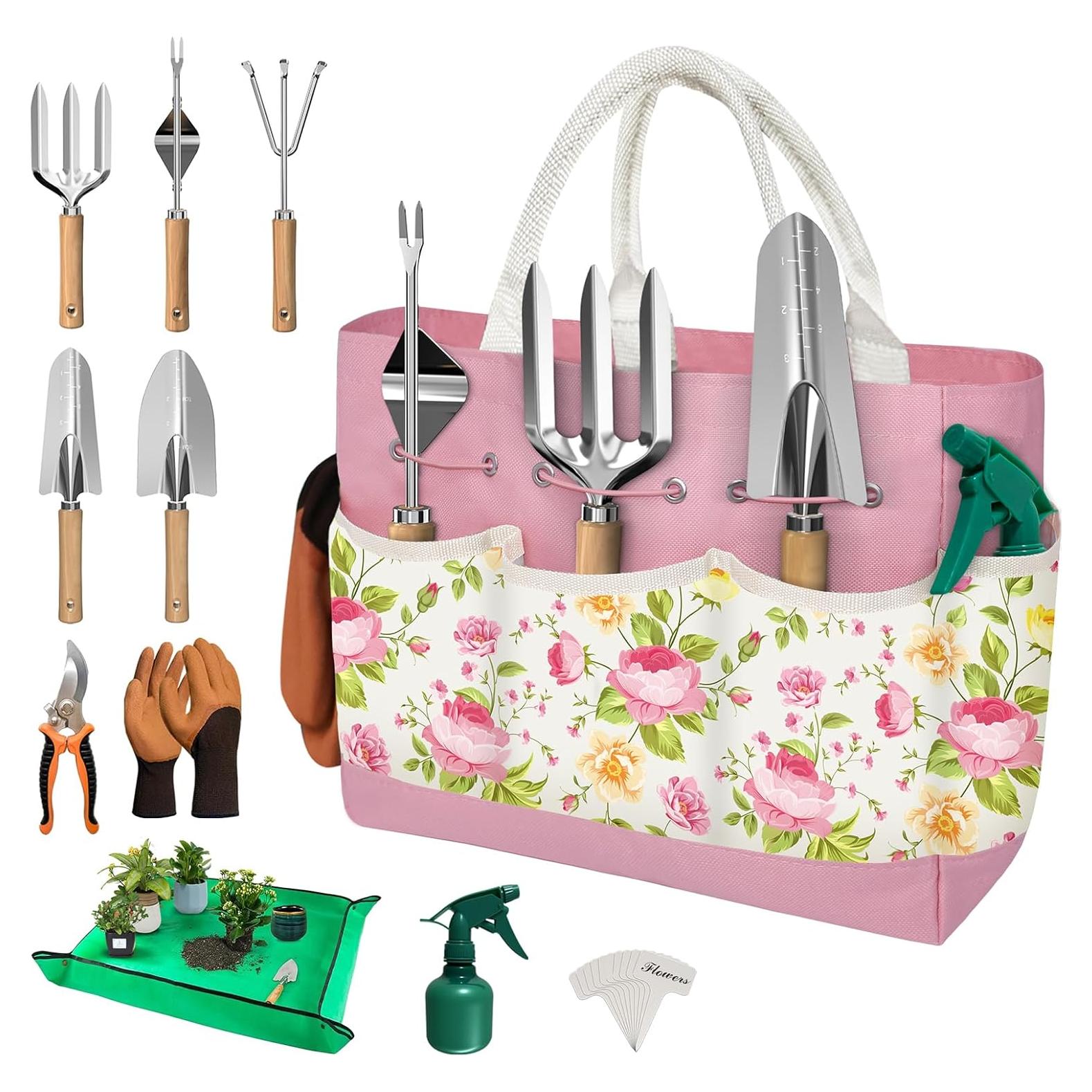 Juego de herramientas de jardín OUREST 22 piezas con bolsa rosa