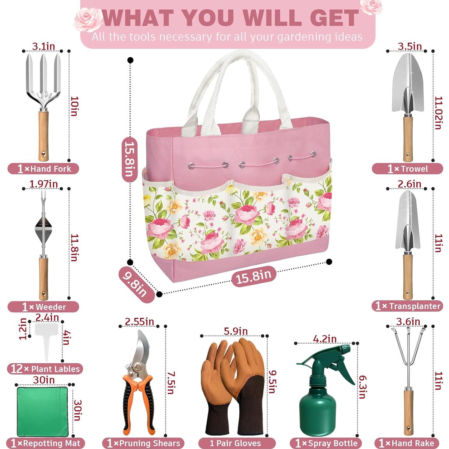 Juego de herramientas de jardín OUREST 22 piezas con bolsa rosa