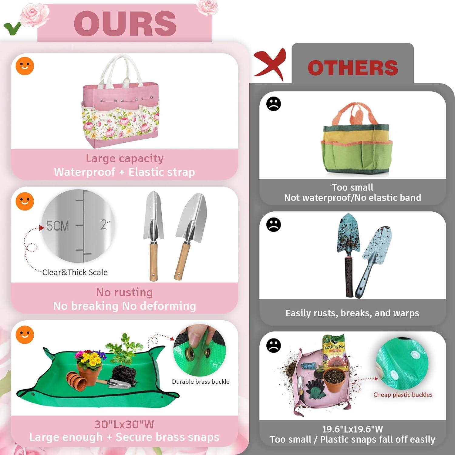 Juego de herramientas de jardín OUREST 22 piezas con bolsa rosa