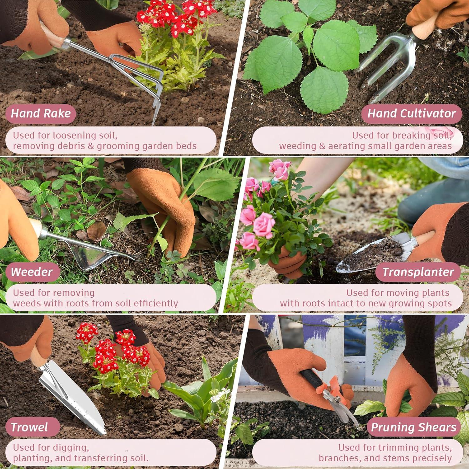 Juego de herramientas de jardín OUREST 22 piezas con bolsa rosa